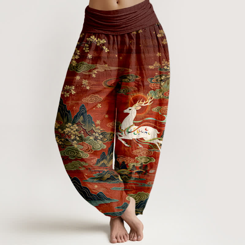 Buddha Stones Cotton White Deer Mountain Pattern Women's Elastic Waist Harem Pants - Maroon - US16,UK/AU20,EU48 (3XL) - image 0