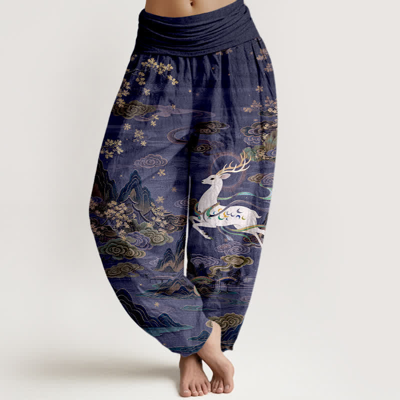 Buddha Stones Cotton White Deer Mountain Pattern Women's Elastic Waist Harem Pants - Navy - US16,UK/AU20,EU48 (3XL) - image 5