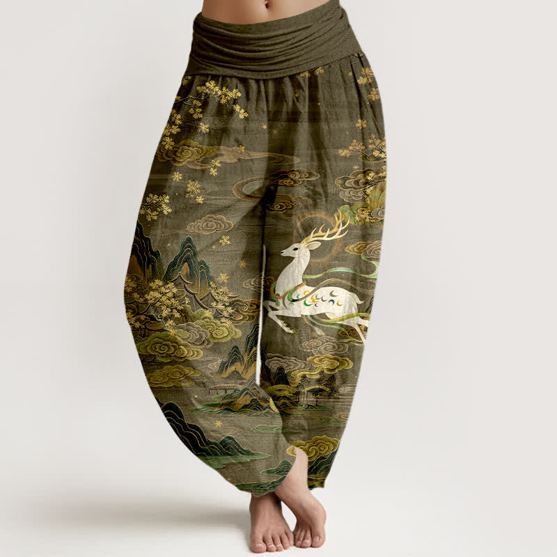 Buddha Stones Cotton White Deer Mountain Pattern Women's Elastic Waist Harem Pants - Olive - US16,UK/AU20,EU48 (3XL) - image 8