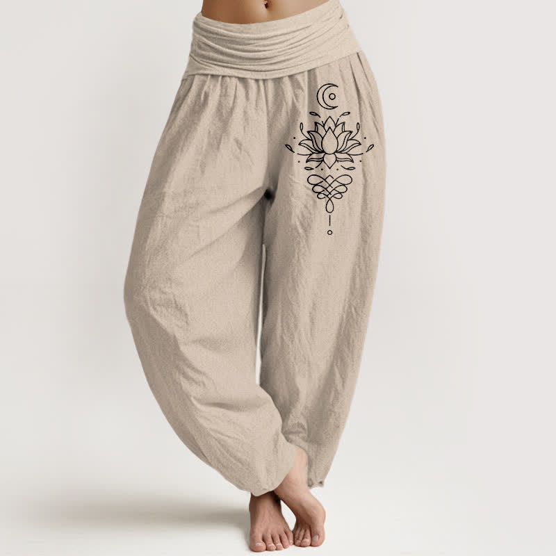 Buddha Stones Pure Cotton White Lotus Pattern Women's Elastic Waist Harem Pants - Tan - US16,UK/AU20,EU48 (3XL) - image 11