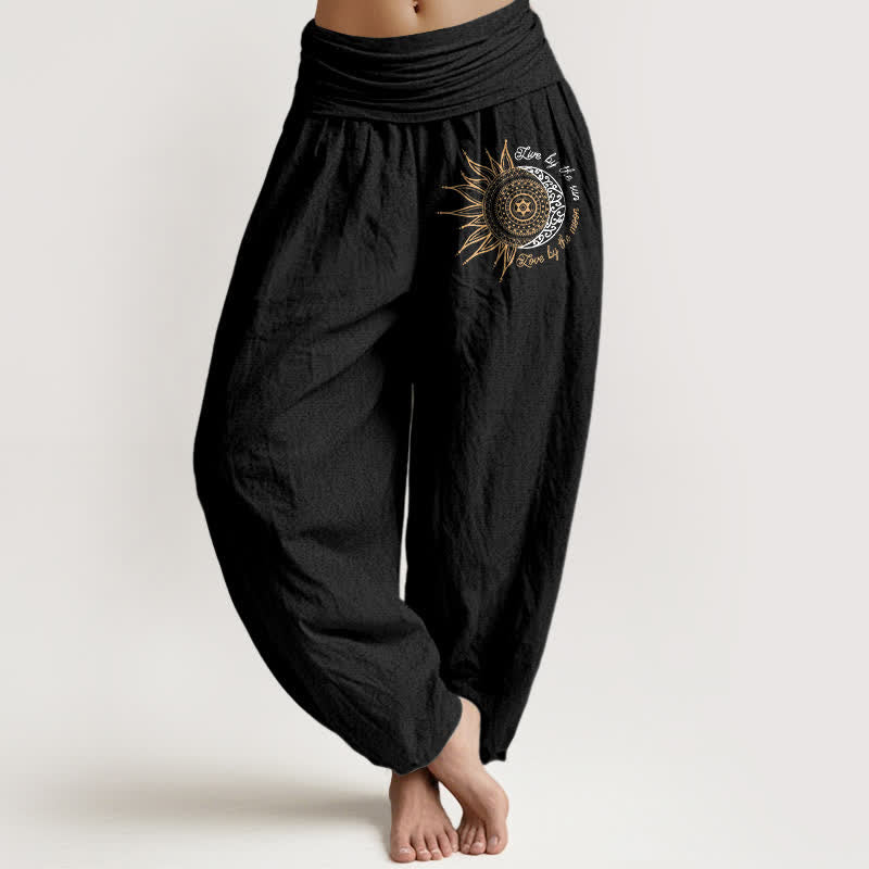 Buddha Stones Pure Cotton Sun Moon Mandala Pattern Women's Elastic Waist Harem Pants - Black - US16,UK/AU20,EU48 (3XL) - image 0