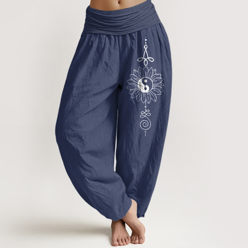 Buddha Stones Pure Cotton Sunflower Yin Yang Pattern Women's Elastic Waist Harem Pants - DarkSlateBlue - US16,UK/AU20,EU48 (3XL) - image 8