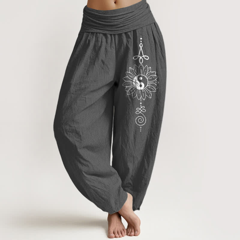 Buddha Stones Pure Cotton Sunflower Yin Yang Pattern Women's Elastic Waist Harem Pants - DimGray - US16,UK/AU20,EU48 (3XL) - image 11