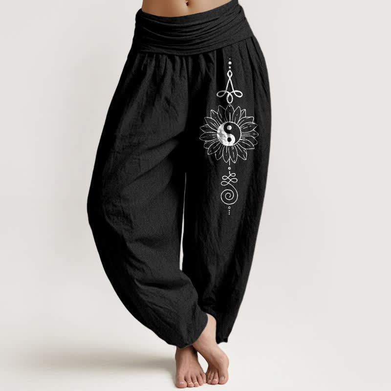 Buddha Stones Pure Cotton Sunflower Yin Yang Pattern Women's Elastic Waist Harem Pants - Black - US16,UK/AU20,EU48 (3XL) - image 5