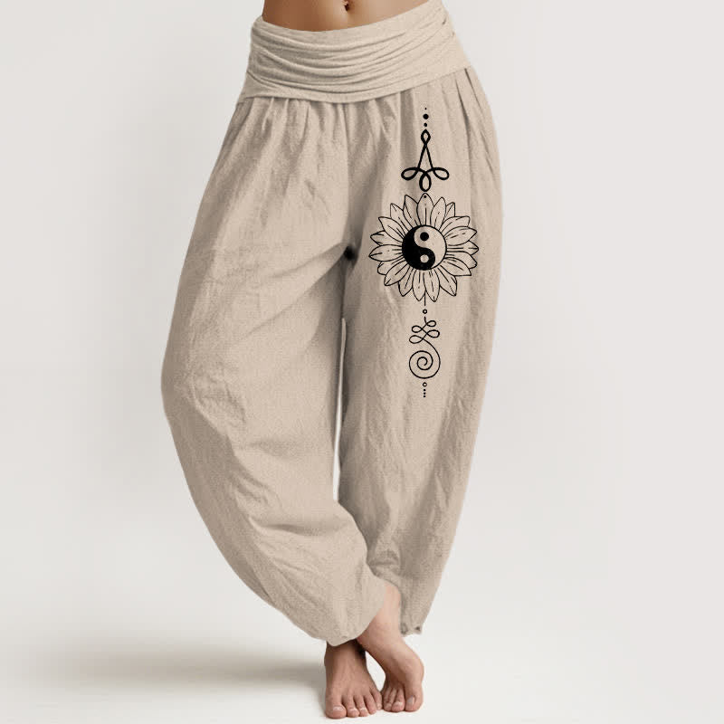 Buddha Stones Pure Cotton Sunflower Yin Yang Pattern Women's Elastic Waist Harem Pants - Tan - US16,UK/AU20,EU48 (3XL) - image 0