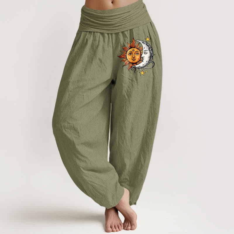 Buddha Stones Pure Cotton Sun and Moon Pattern Women's Elastic Waist Harem Pants - OliveDrab - US16,UK/AU20,EU48 (3XL) - image 14