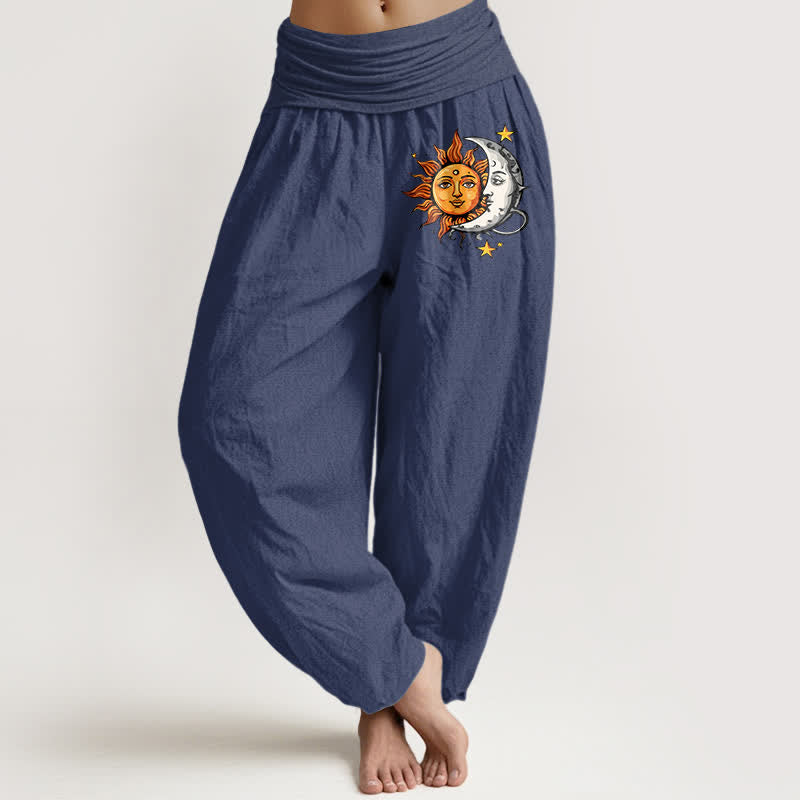 Buddha Stones Pure Cotton Sun and Moon Pattern Women's Elastic Waist Harem Pants - DarkSlateBlue - US16,UK/AU20,EU48 (3XL) - image 5
