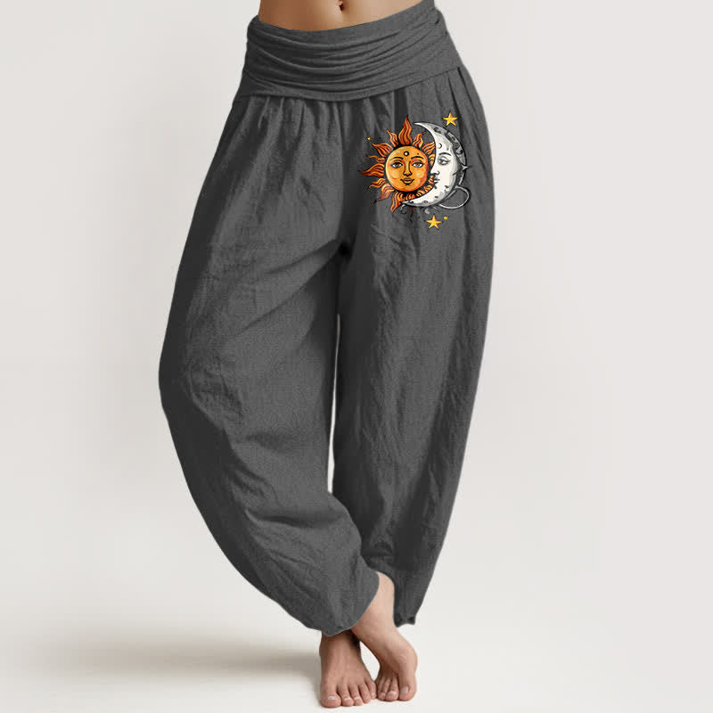 Buddha Stones Pure Cotton Sun and Moon Pattern Women's Elastic Waist Harem Pants - DimGray - US16,UK/AU20,EU48 (3XL) - image 8