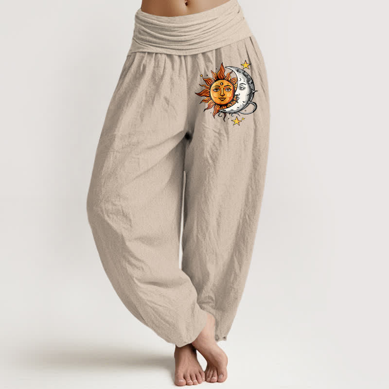 Buddha Stones Pure Cotton Sun and Moon Pattern Women's Elastic Waist Harem Pants - Tan - US16,UK/AU20,EU48 (3XL) - image 11
