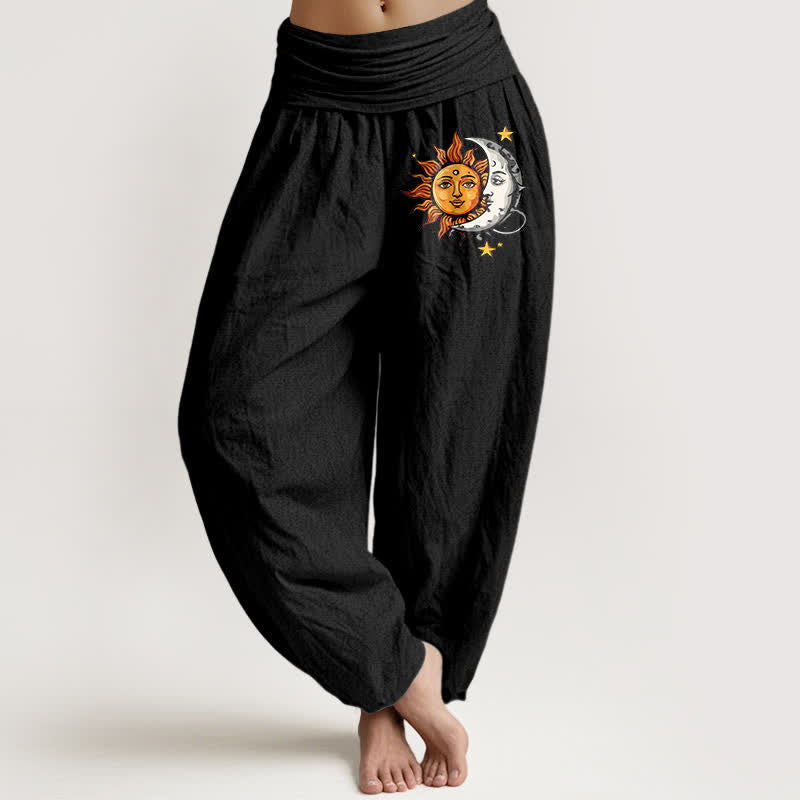 Buddha Stones Pure Cotton Sun and Moon Pattern Women's Elastic Waist Harem Pants - Black - US16,UK/AU20,EU48 (3XL) - image 0