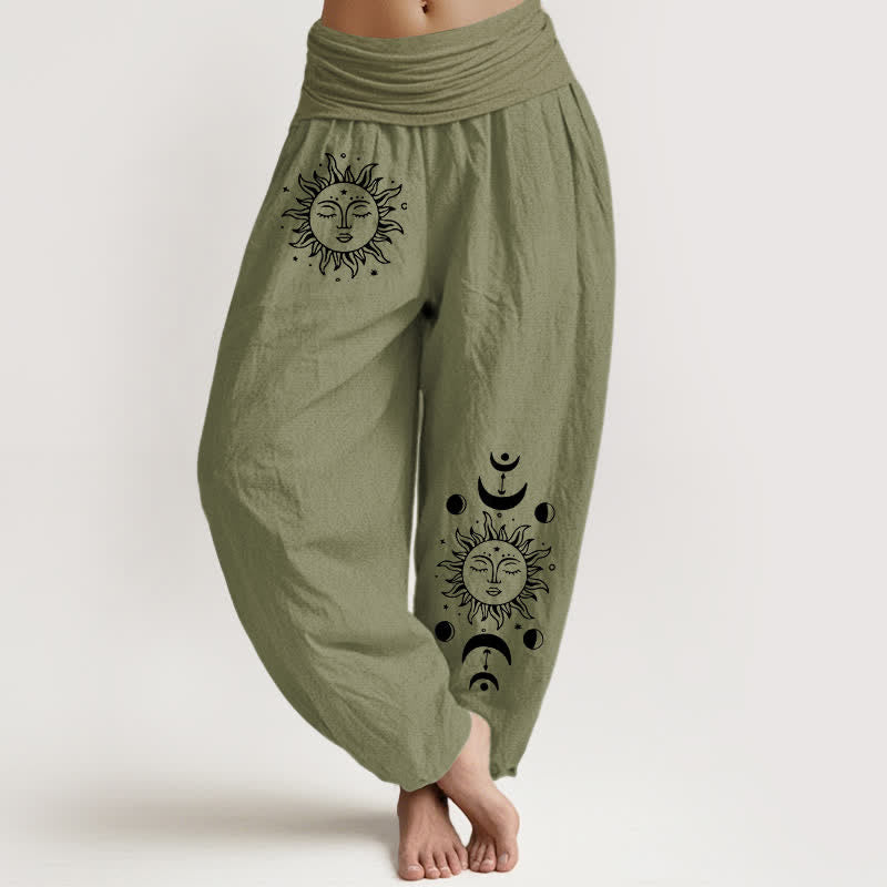 Buddha Stones Pure Cotton Sun Moon Pattern Women's Elastic Waist Harem Pants - OliveDrab - US16,UK/AU20,EU48 (3XL) - image 14