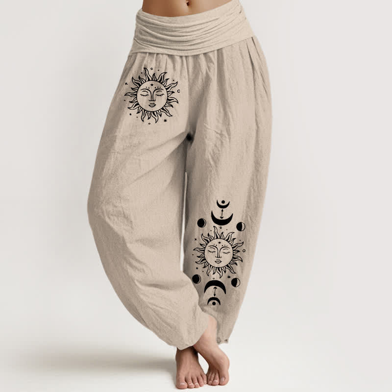 Buddha Stones Pure Cotton Sun Moon Pattern Women's Elastic Waist Harem Pants - Tan - US16,UK/AU20,EU48 (3XL) - image 11