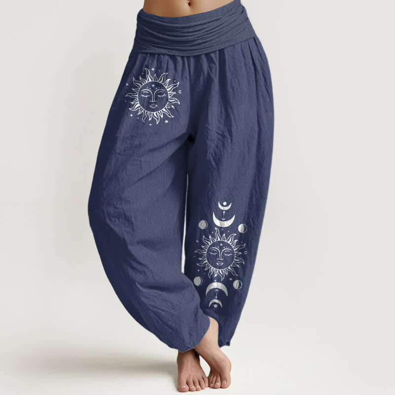 Buddha Stones Pure Cotton Sun Moon Pattern Women's Elastic Waist Harem Pants - DarkSlateBlue - US16,UK/AU20,EU48 (3XL) - image 0