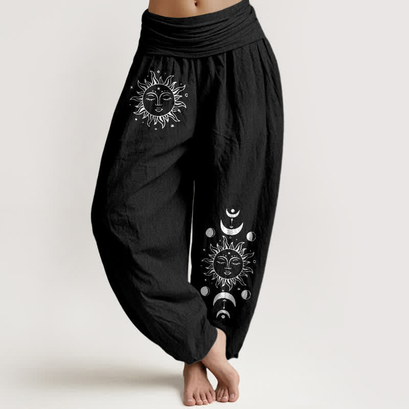 Buddha Stones Pure Cotton Sun Moon Pattern Women's Elastic Waist Harem Pants - Black - US16,UK/AU20,EU48 (3XL) - image 5