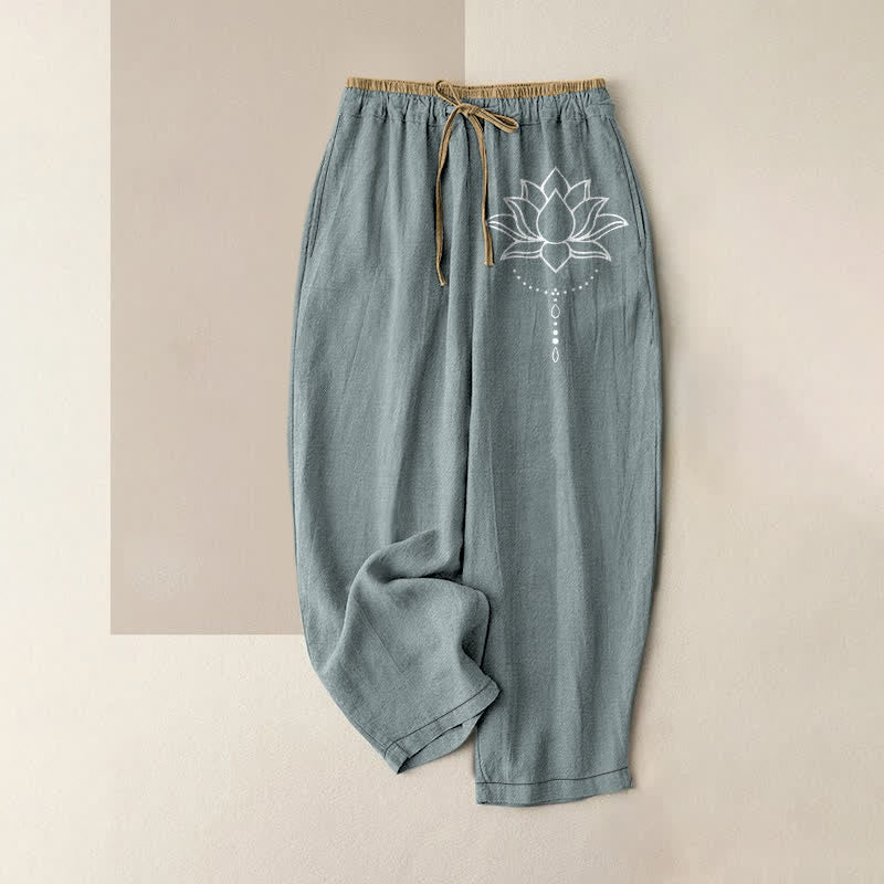 Buddha Stones Pure Cotton Serene Lotus Pattern Women's Elastic Waist Pants With Pockets - LightBlue - US16,UK/AU20,EU48 (3XL) - image 5