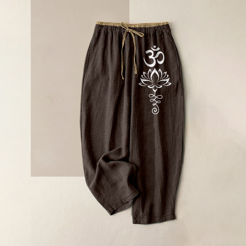Buddha Stones Pure Cotton Zen Lotus Om Pattern Women's Elastic Waist Pants With Pockets - SaddleBrown - US16,UK/AU20,EU48 (3XL) - image 0