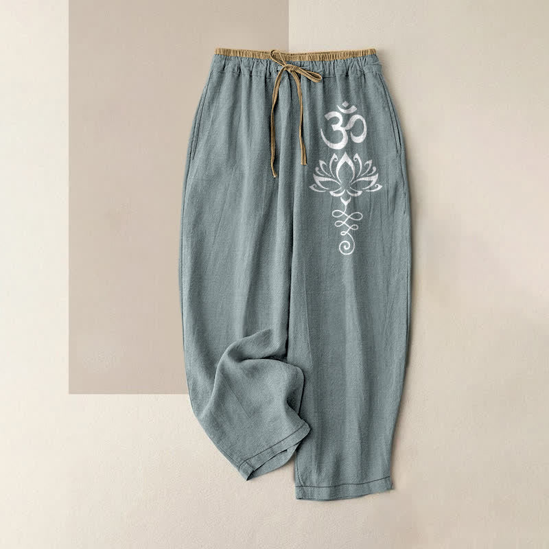 Buddha Stones Pure Cotton Zen Lotus Om Pattern Women's Elastic Waist Pants With Pockets - LightBlue - US16,UK/AU20,EU48 (3XL) - image 5