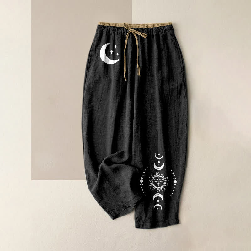 Buddha Stones Pure Cotton Elegant Celestial Moon Phase Pattern Women's Elastic Waist Pants With Pockets - Black - US16,UK/AU20,EU48 (3XL) - image 0