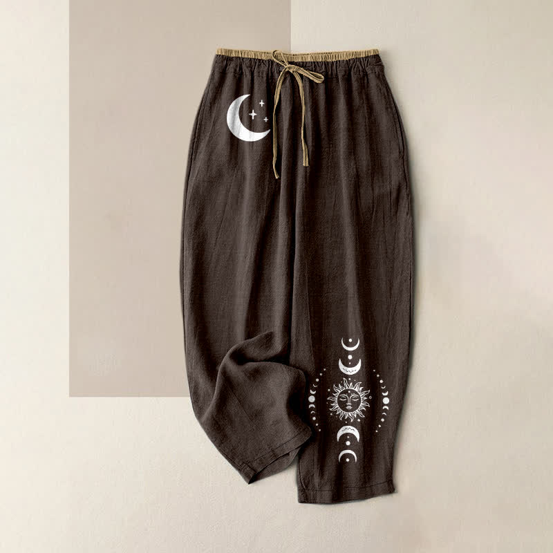 Buddha Stones Pure Cotton Elegant Celestial Moon Phase Pattern Women's Elastic Waist Pants With Pockets - SaddleBrown - US16,UK/AU20,EU48 (3XL) - image 4