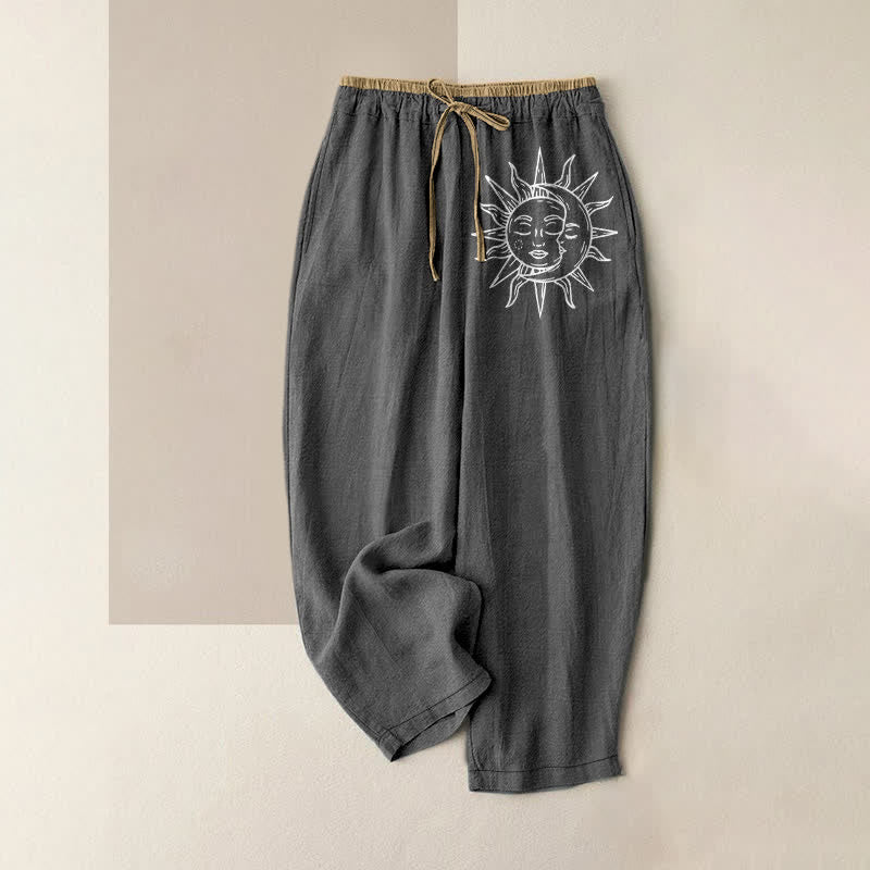 Buddha Stones Pure Cotton Celestial Sun Pattern Women's Elastic Waist Pants With Pockets - DimGray - US16,UK/AU20,EU48 (3XL) - image 5