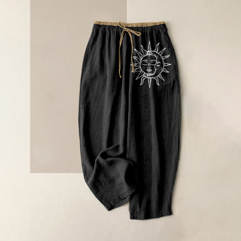 Buddha Stones Pure Cotton Celestial Sun Pattern Women's Elastic Waist Pants With Pockets - Black - US16,UK/AU20,EU48 (3XL) - image 0