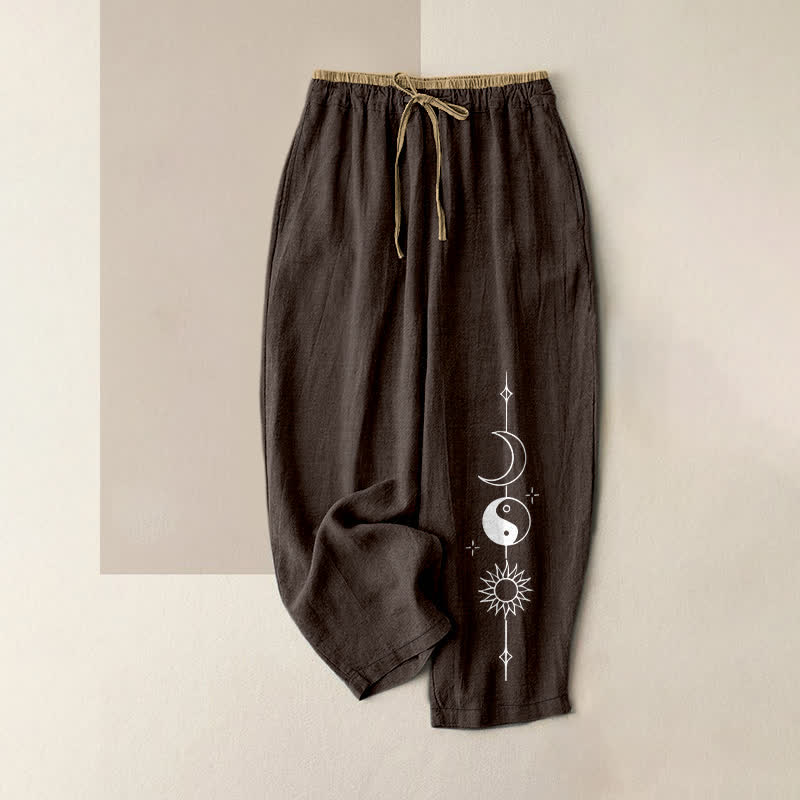 Buddha Stones Pure Cotton Celestial Yin Yang Pattern Women's Elastic Waist Pants With Pockets - SaddleBrown - US16,UK/AU20,EU48 (3XL) - image 4