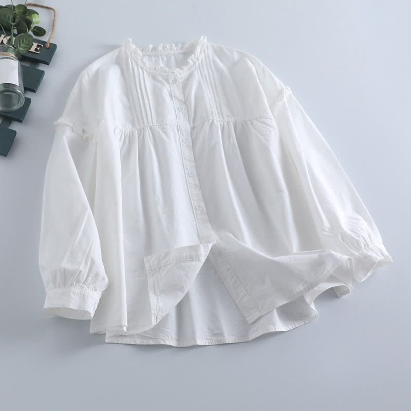 Buddha Stones Spring Casual Vintage Button-Up Solid Pleated Women's Long Sleeve Shirts - White - US8-10, UK/AU12-14, EU40-42 (2XL) - image 5
