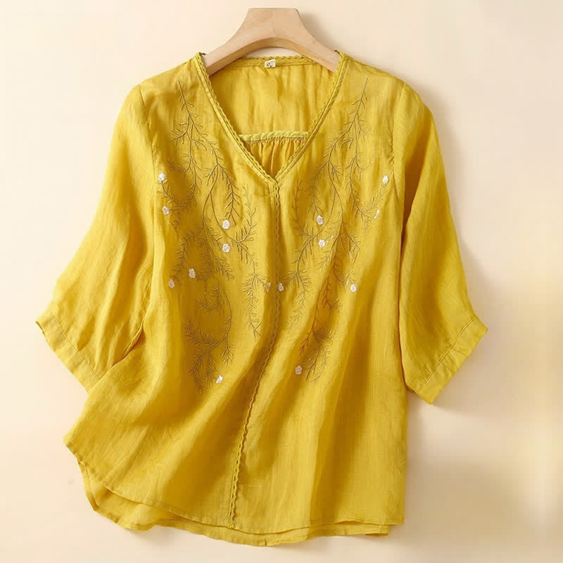 Buddha Stones Summer Casual Flower Branches Embroidered Pattern V-Neck Half Sleeve Women's T-shirt - Gold - US8-10,UK/AU12-14,EU40-42 (2XL) - image 0