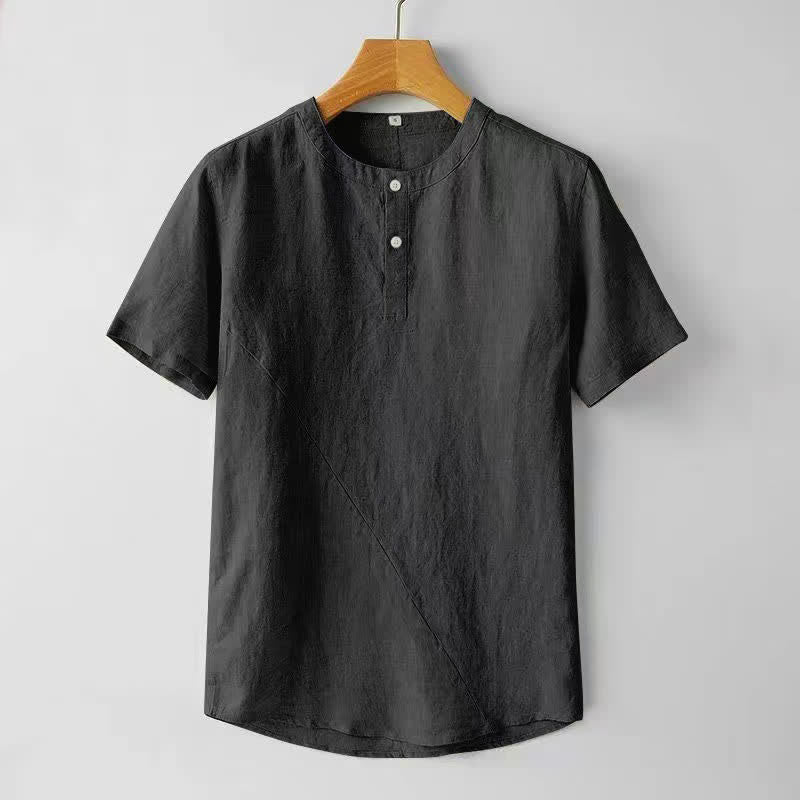 Buddha Stones Solid Color Short Sleeve Two Top Buttons Polyseter Linen Men's Shirt - Black - US/UK/AU44,EU54 (4XL) - image 3