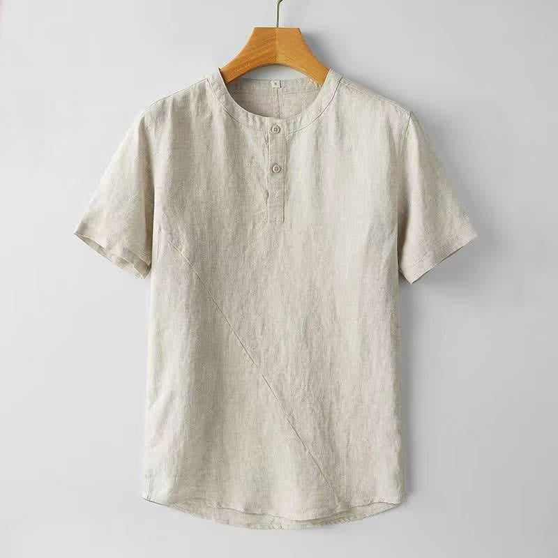 Buddha Stones Solid Color Short Sleeve Two Top Buttons Polyseter Linen Men's Shirt - Beige - US/UK/AU44,EU54 (4XL) - image 4