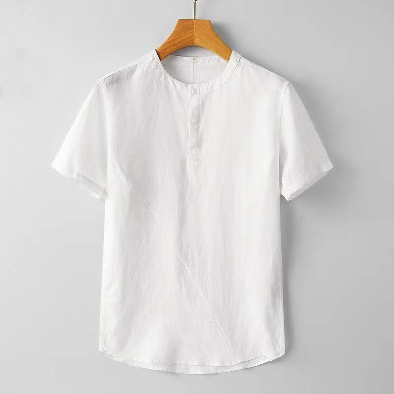 Buddha Stones Solid Color Short Sleeve Two Top Buttons Polyseter Linen Men's Shirt - White - US/UK/AU44,EU54 (4XL) - image 1