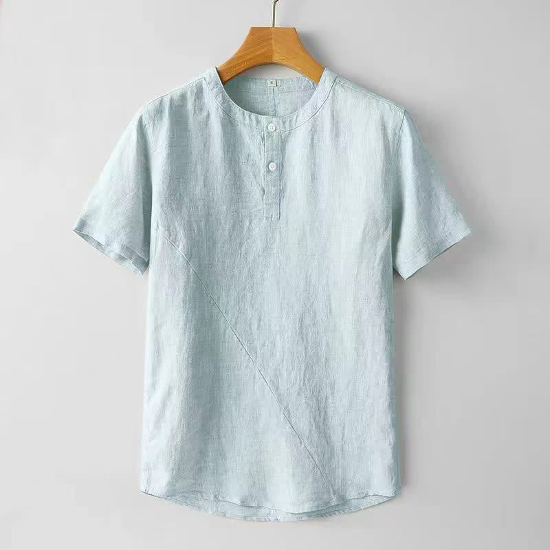 Buddha Stones Solid Color Short Sleeve Two Top Buttons Polyseter Linen Men's Shirt - PaleTurquoise - US/UK/AU44,EU54 (4XL) - image 7