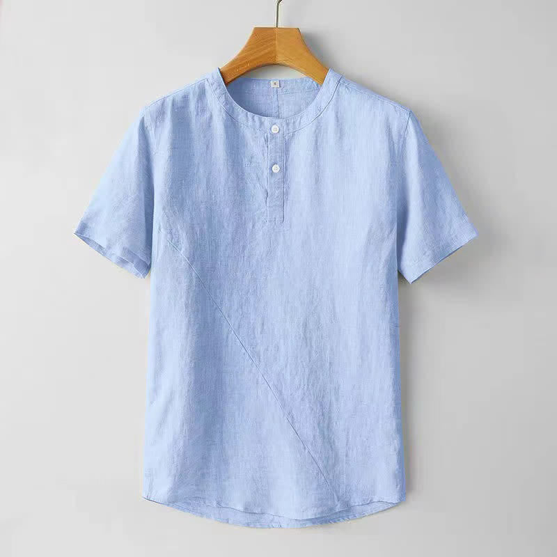 Buddha Stones Solid Color Short Sleeve Two Top Buttons Polyseter Linen Men's Shirt - LightSkyBlue - US/UK/AU44,EU54 (4XL) - image 6