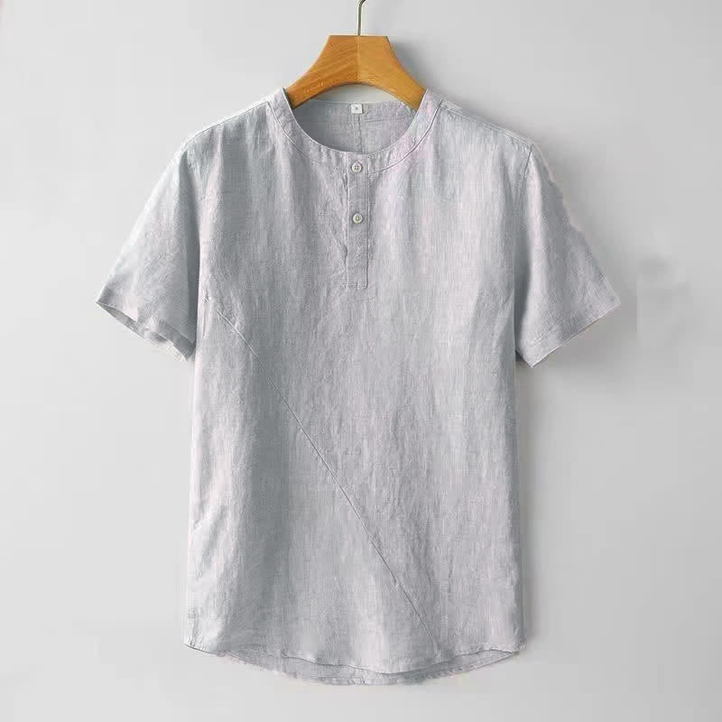 Buddha Stones Solid Color Short Sleeve Two Top Buttons Polyseter Linen Men's Shirt - WhiteSmoke - US/UK/AU44,EU54 (4XL) - image 2