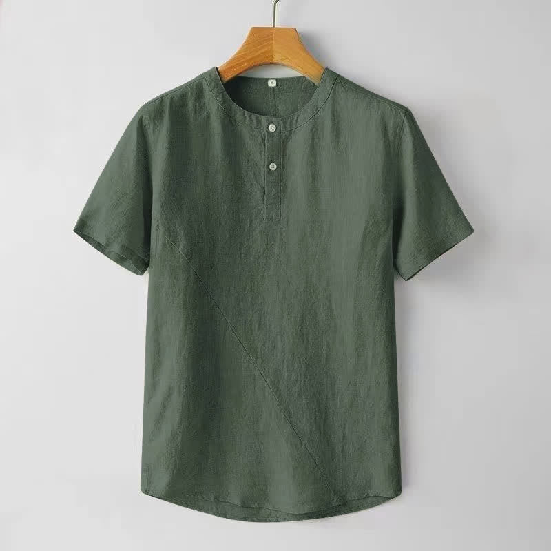 Buddha Stones Solid Color Short Sleeve Two Top Buttons Polyseter Linen Men's Shirt - Olive - US/UK/AU44,EU54 (4XL) - image 8