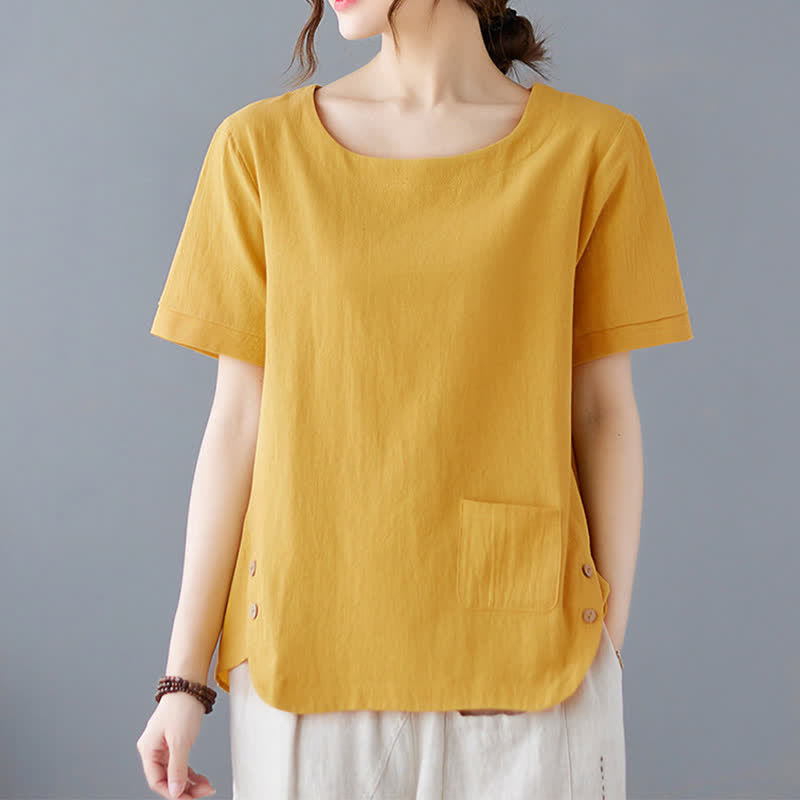Buddha Stones Side Slit Design Women's Cotton Polyester Crew Neck Short Sleeve T-Shirt Wtih Pocket - Yellow - US14,UK/AU18,EU46 (4XL) - image 0