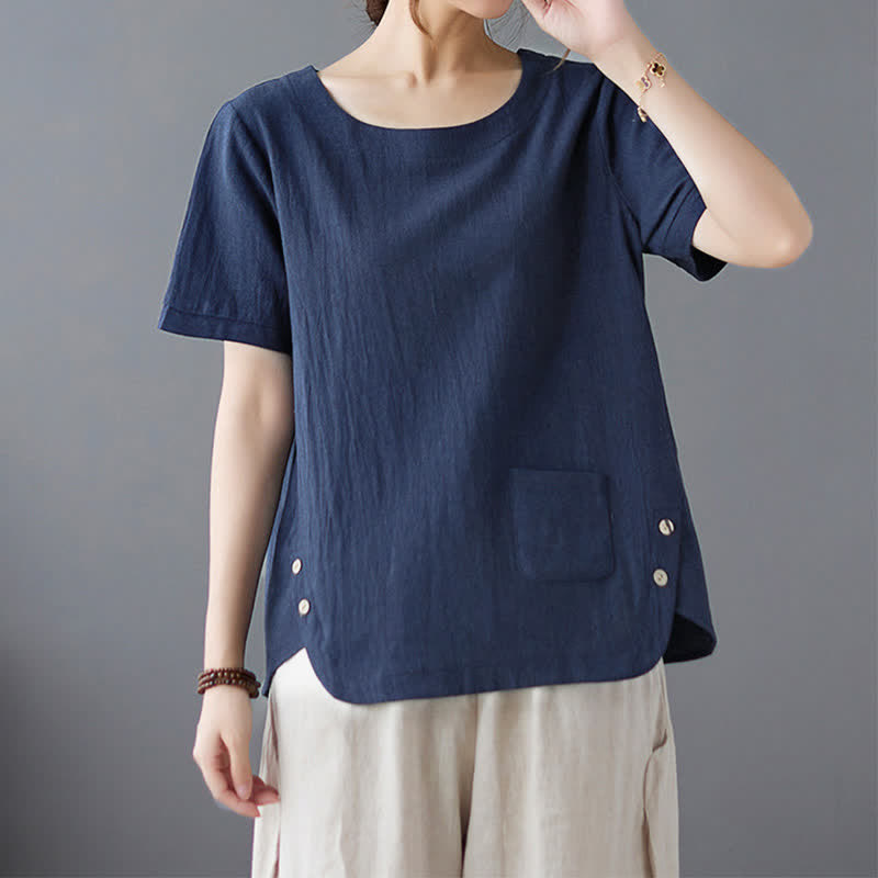 Buddha Stones Side Slit Design Women's Cotton Polyester Crew Neck Short Sleeve T-Shirt Wtih Pocket - Navy - US14,UK/AU18,EU46 (4XL) - image 18