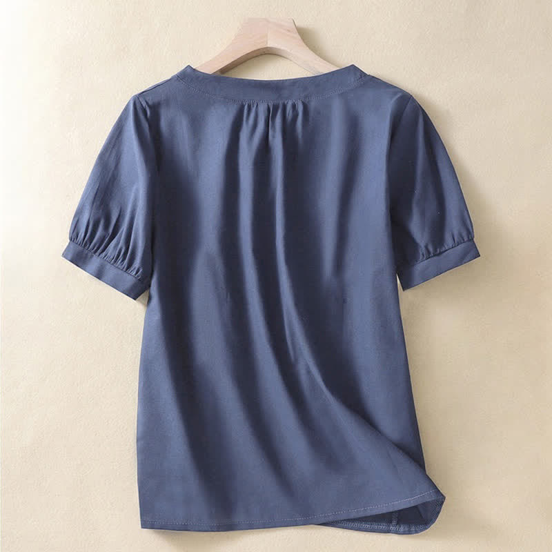 Buddha Stones Casual Women's Plain Crew Neck Button Design Half Sleeve Shirt - image 7