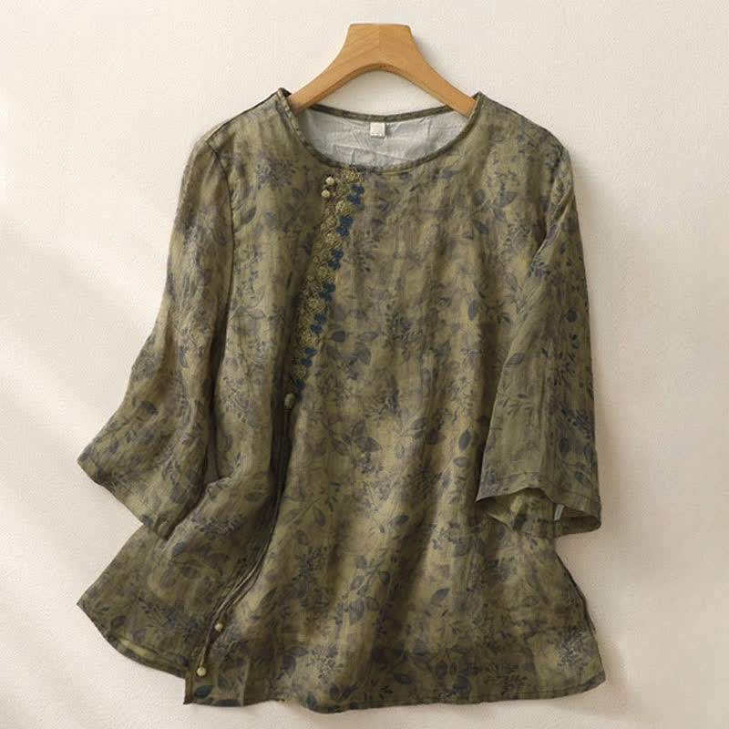 Buddha Stones Embroidery Design Leaves Women's Three Quarter Sleeve Shirt - OliveDrab - US12,UK/AU16,EU44 (2XL) - image 14