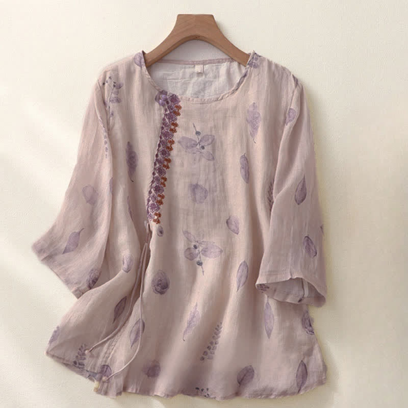 Buddha Stones Embroidery Design Leaves Women's Three Quarter Sleeve Shirt - Thistle - US12,UK/AU16,EU44 (2XL) - image 0