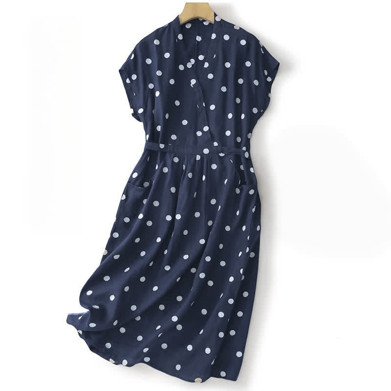 Buddha Stones Polka Dot V-Neck Lace-up Women's Midi Dress With Pockets - Navy - US8-10,UK/AU12-14,EU40-42 (2XL) - image 0