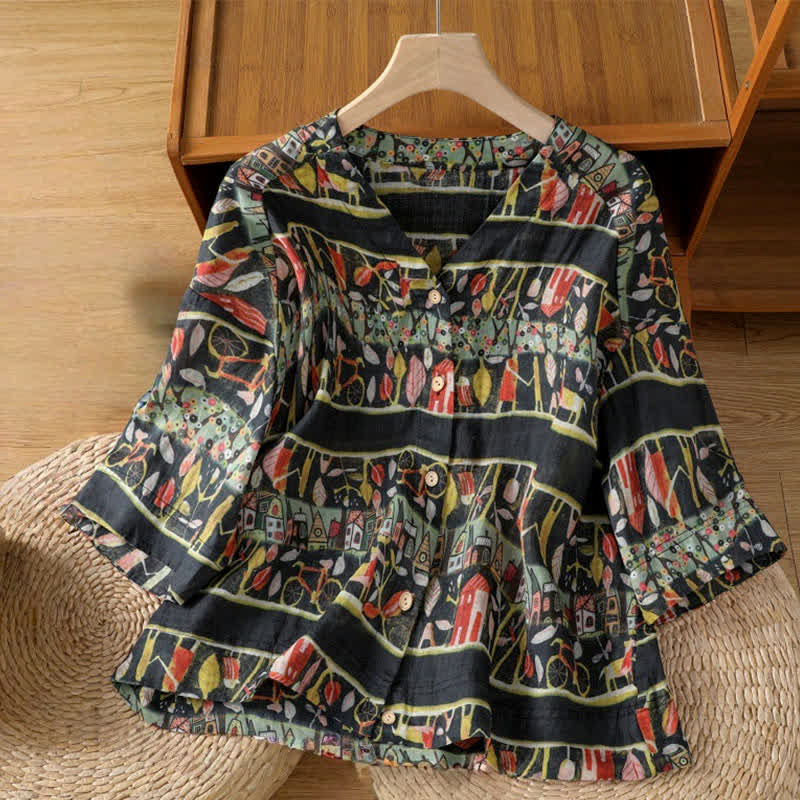 Buddha Stones Plant Printed V-neck Button Design Women's Polyester Three Quarter Sleeve Shirt - Black - US14,UK/AU18,EU46 (2XL) - image 9