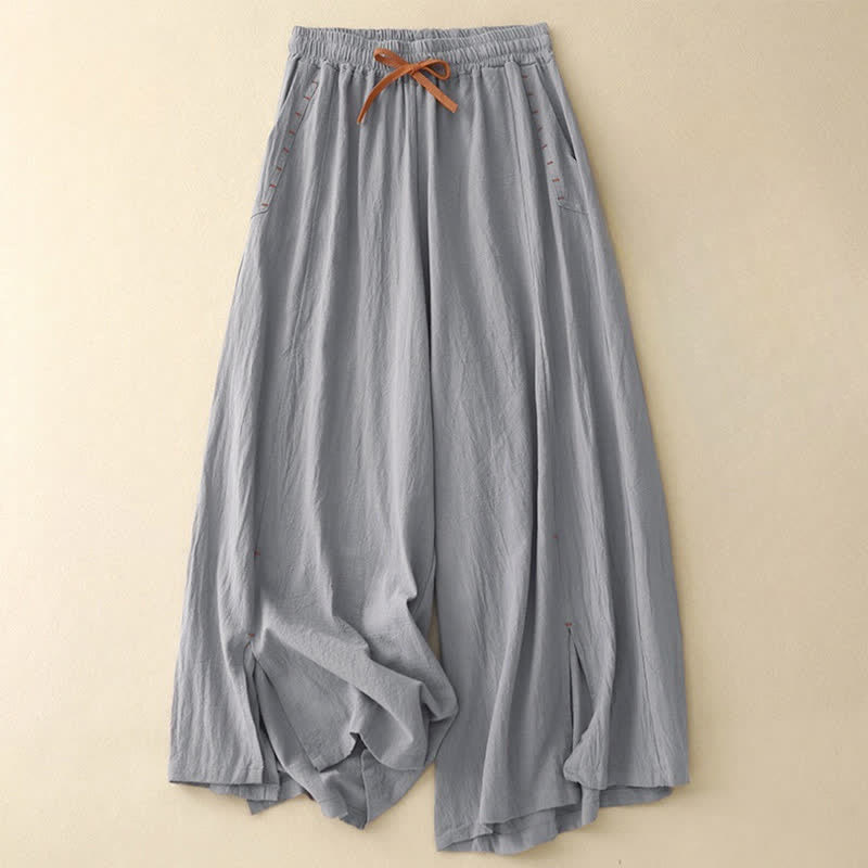 Buddha Stones Casual Simple Design Drawstring Split Women's Wide Leg Pants With Pockets - LightSlateGray - US8-10,UK/AU12-14,EU40-42 (2XL) - image 15