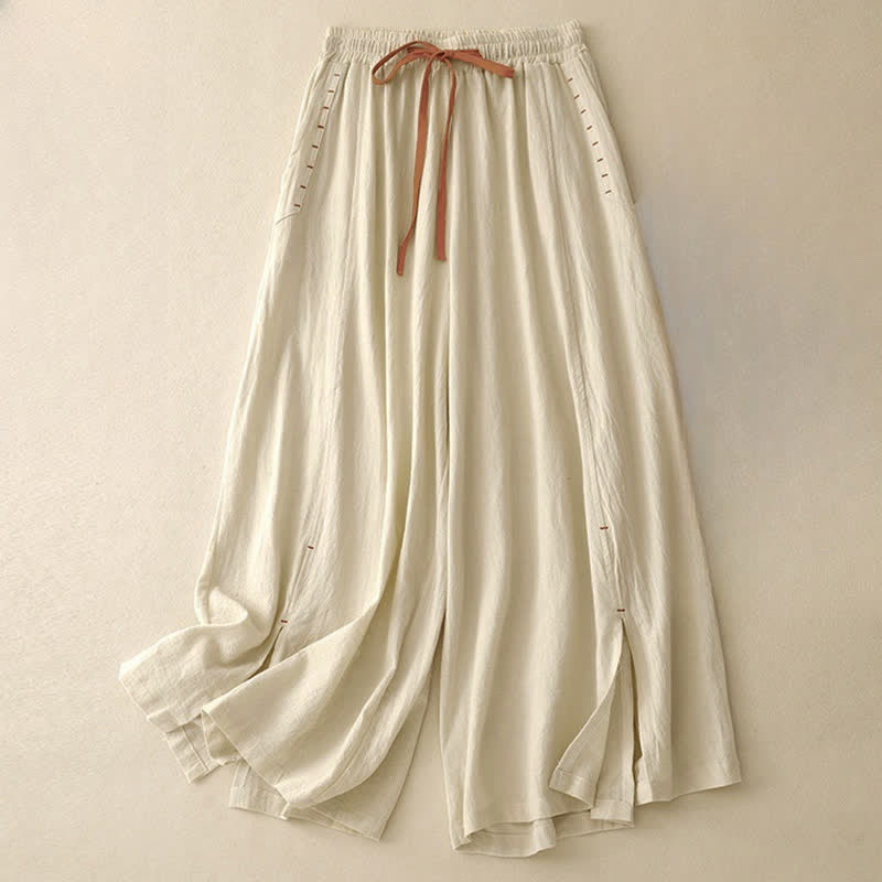 Buddha Stones Casual Simple Design Drawstring Split Women's Wide Leg Pants With Pockets - Beige - US8-10,UK/AU12-14,EU40-42 (2XL) - image 5