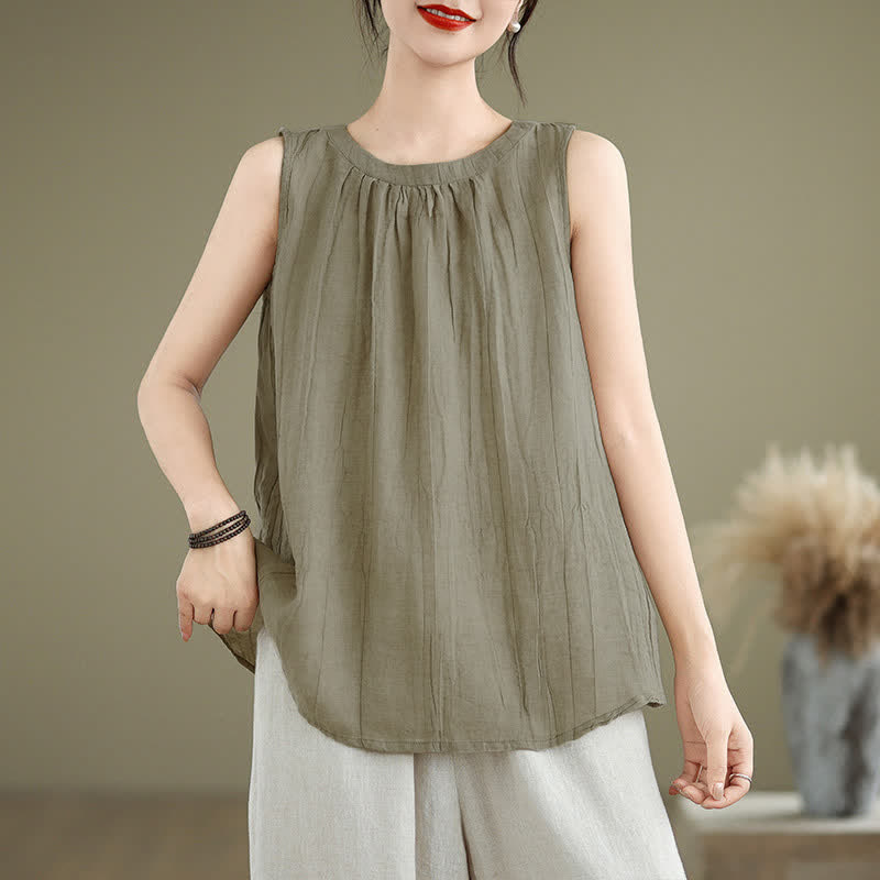 Buddha Stones Summer Wrinkles Simple Design Crew Neck Women's Sleeveless Vest Waistcoat - DarkKhaki - US8-10,UK/AU12-14,EU40-42 (2XL) - image 0