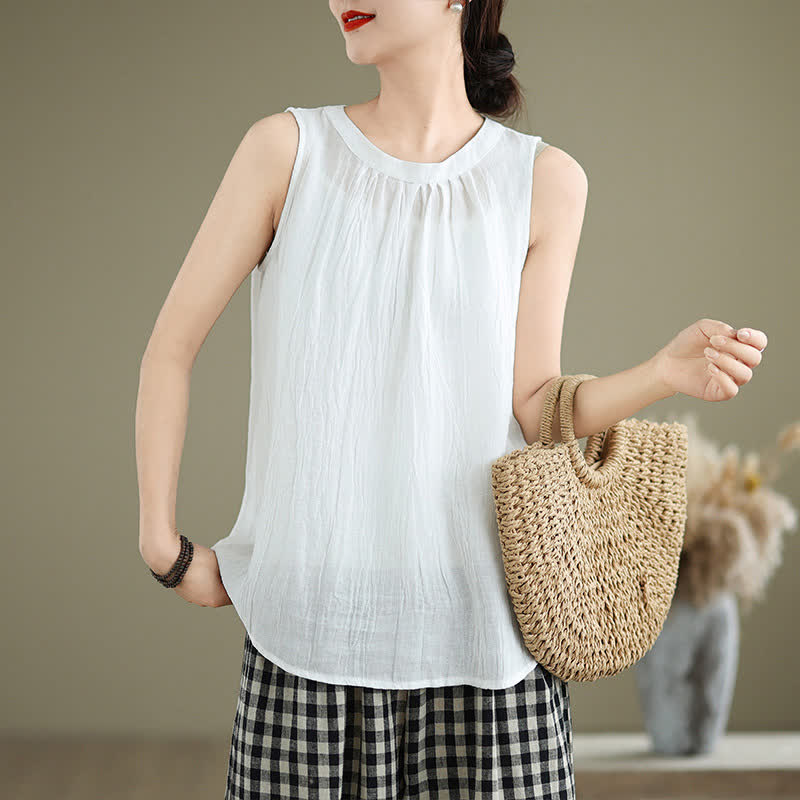 Buddha Stones Summer Wrinkles Simple Design Crew Neck Women's Sleeveless Vest Waistcoat - White - US8-10,UK/AU12-14,EU40-42 (2XL) - image 10
