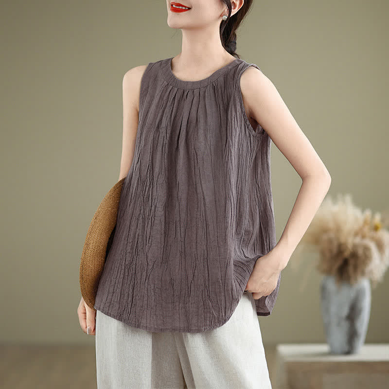 Buddha Stones Summer Wrinkles Simple Design Crew Neck Women's Sleeveless Vest Waistcoat - Plum - US8-10,UK/AU12-14,EU40-42 (2XL) - image 20