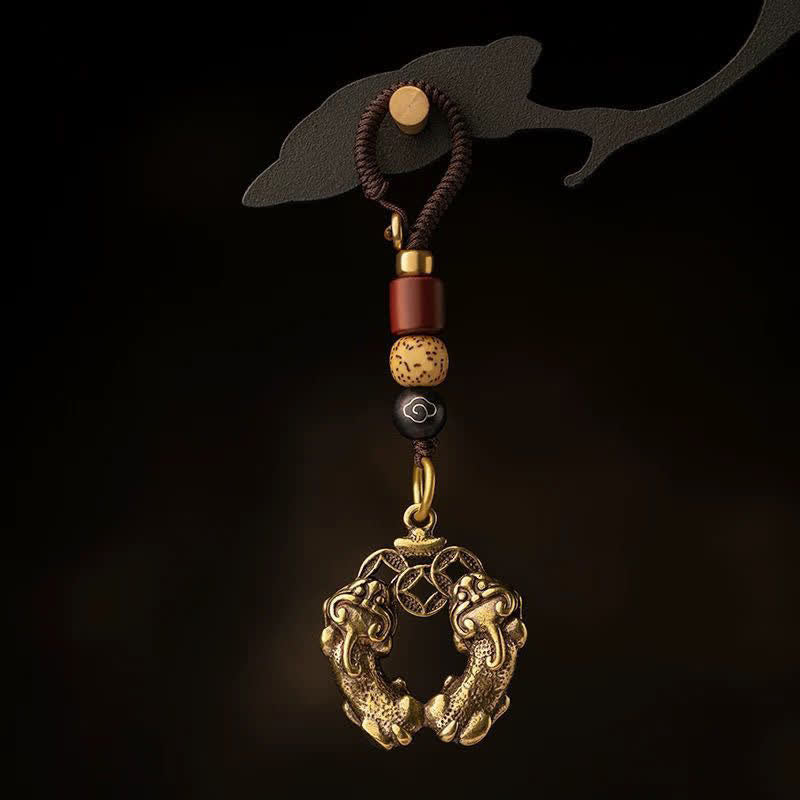Buddha Stones Vintage Double Pi Xiu Chinese Coin Wealth Brass Keychains - Pi Xiu Chinese Coin Keychains(Pendant Size:Approx. 30*20mm) - image 0