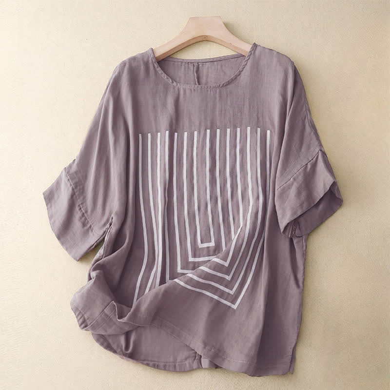 Buddha Stones Casual Line Printing Pattern Short Sleeve Cotton Linen Women's T-Shirt - Thistle - US12,UK/AU16,EU44 (2XL) - image 17
