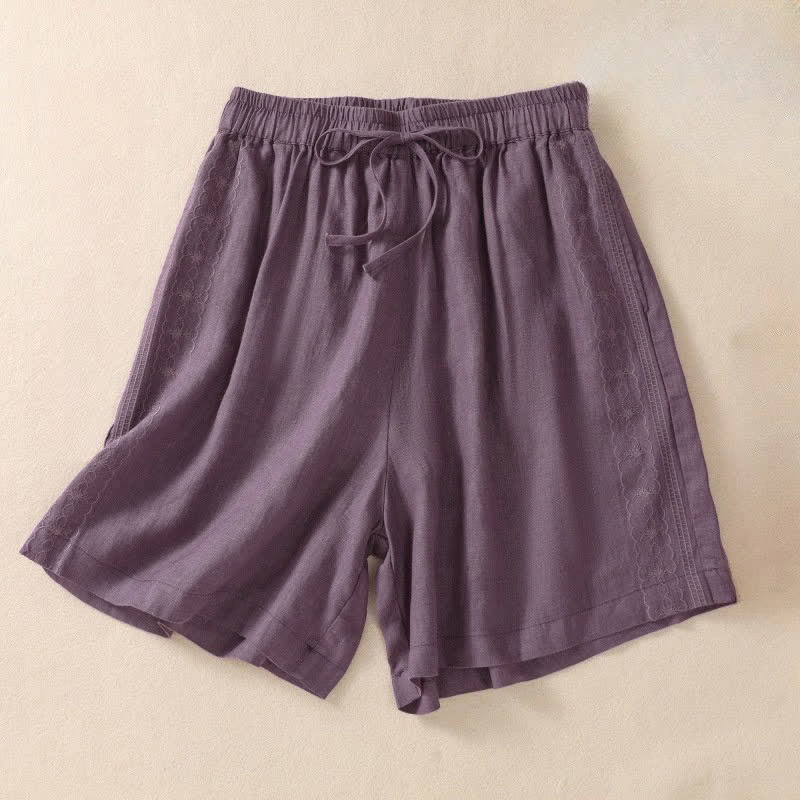 Buddha Stones Casual Floral Embroidery Pattern Drawstring Women's Shorts With Pockets - DarkMagenta - US8-10,UK/AU12-14,EU40-42 (2XL) - image 0